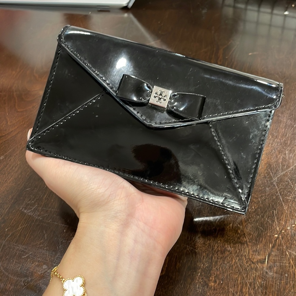 Tory Burch black patent leather wallet on chain